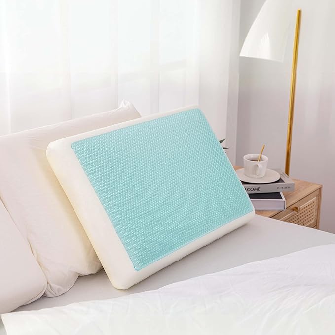 Cooling Pillow for Sleeping, Gel Memory Foam Pillow with Reversible Cover, Neck Support for Side, Back and Stomach Sleepers, Removable & Machine Washable Cover, Bed Pillows for Hot Sleepers, Blue