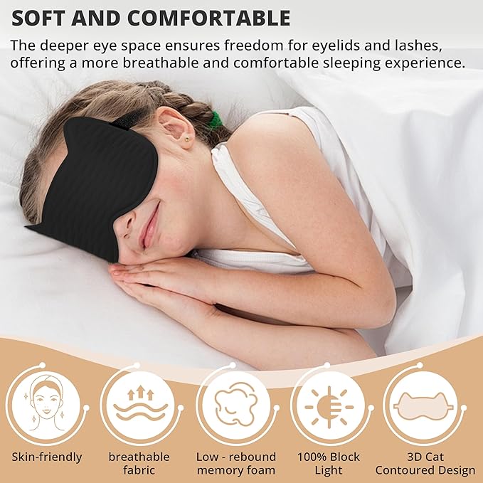3D Kids Sleep Eye Mask: 3D Contoured Cup Sleeping Masks, Blindfold Sleep Eye Cover with Adjustable Strap, Memory Foam Lightweight Night Eyeshade for Boys Girls Teens (Black)