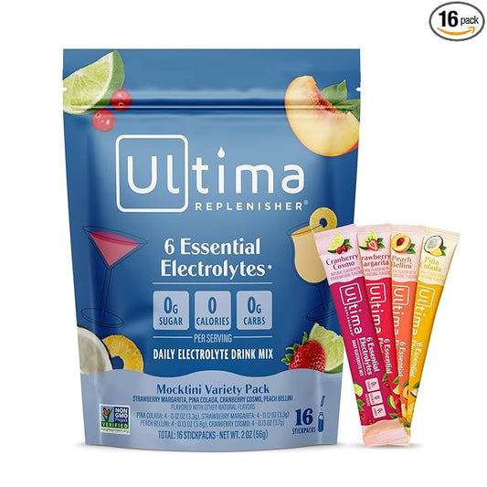 Ultima Replenisher Daily Electrolyte Powder Drink Mix – Sugar Free – Mocktini Variety, 16 Stickpacks – Hydration Packets with 6 Key Electrolytes and Trace Minerals – Keto Friendly, Non-GMO