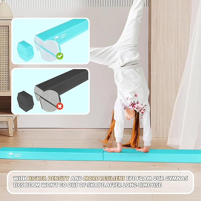 Kangaroo Hoppers 8FT Kids Balance Gymnastics Beam for Kids, Folding Extra Firm Foam Floor Beam for Beginners, Home Training Equipment with Anti-Slip Base, Carrying Bag