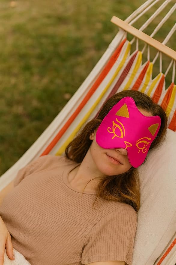 Silk Sleep Mask Blindfold Eye Mask for Sleep Cute Cat Print Embroidered Eye Cover Adjustable Oversized Egyptian Bastet with Gift Box&Pouch(Divine Fuchsi-Adjustable Strap)