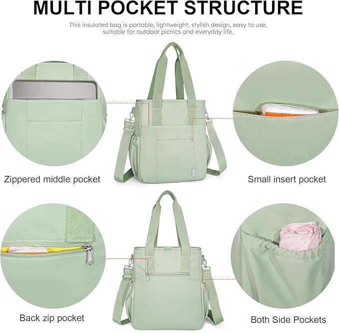 NOL Insulated Lunch Bag for Women, Large Spacious Lunch Tote Bag With Removable Adjustable Shoulder Strap with Multi Pockets,Leakproof Cooler Bag,Lightweight Nylon Waterproof Lunch Box For Work,Green