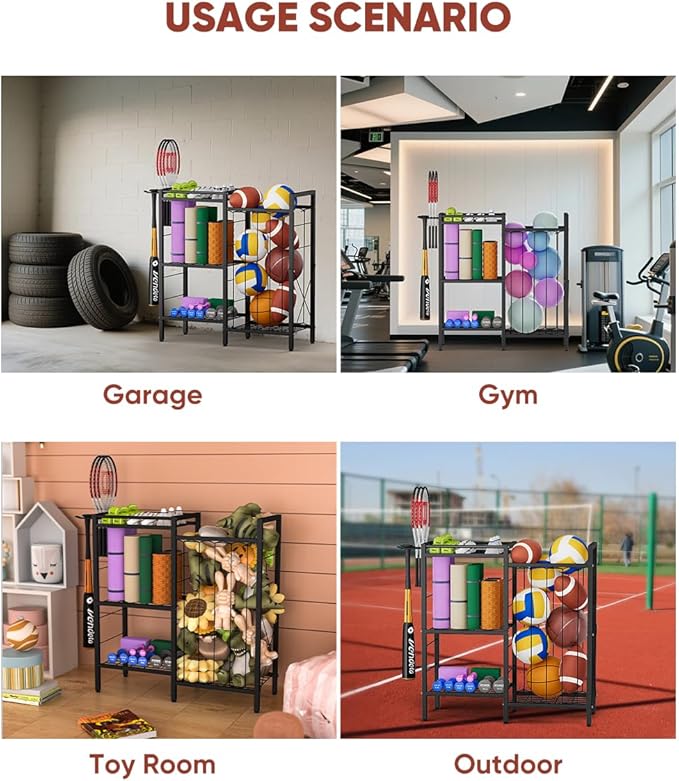 3 Tiers Dumbbells Yoga Mat Storage Rack with Elastic Straps for Kettlebells Foam Roller Resistance Bands Balls, Workout Equipment Organizer Weight Storage Holder with Hooks for Home Gym