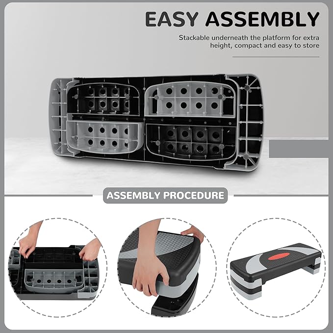 Step Aerobic Platform, 31" Exercise Step with 3 levels Adjustable Height, 4 Stackable Risers, Fitness Training Workout Stepper for Home Gym, Cardio Strength, Black & Pink