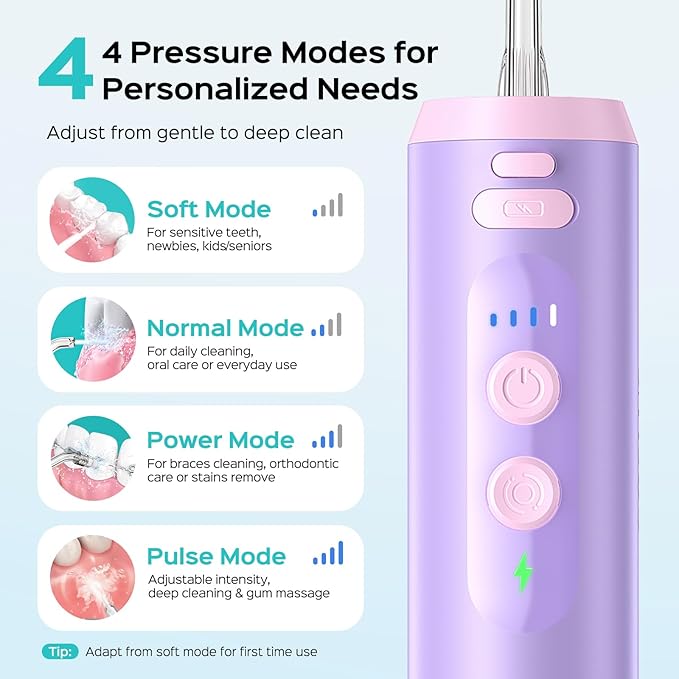 COSLUS Mini Water Flosser for Travel: Portable Compact Design, Cordless Oral Irrigator with 4 Jet Tips, Removable Tank & IPX7 Waterproof for Braces, Sensitive Teeth & On-The-Go Use, Pink Purple, T40