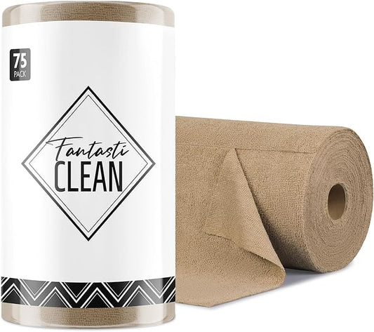 Fantasticlean Microfiber Cleaning Cloth Roll -75 Pack, Tear Away Microfiber Towels, 12" x 12", Reusable, Washable, Scratch Free, Ultra Absorbent for Car, Home Supplies (TAN)
