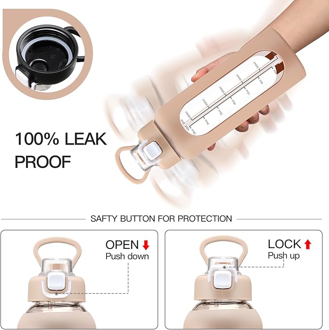 32 oz Glass Water Bolttles with Straw Large Motivational Water Bottle with Time Marker Sports Water Bottles with Silicone Sleeve and Handle Lid Water Jug for Gym Workout