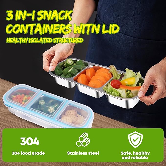 2 Pack Stainless Steel Snack Containers with Lids - Reusable 3 Compartment Snackle Box Container Divide Wet Dry Leakproof Metal Food Storage Containers for School, Home, Travel (Blue + Green)