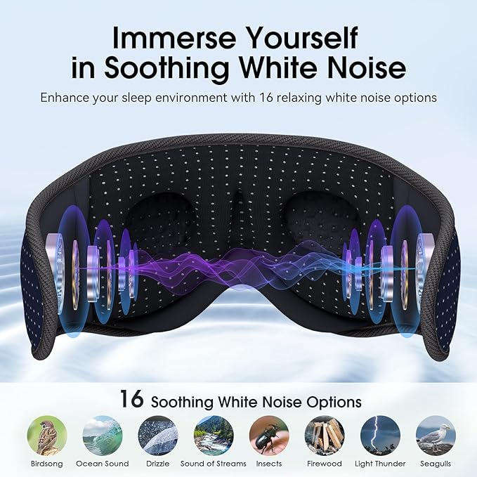 MUSICOZY White Noise Sleep Mask Headphones with 16 Soothing Sounds, Bluetooth Sleep Mask 3D Wireless Music Sleeping Headphones for Side Sleeper