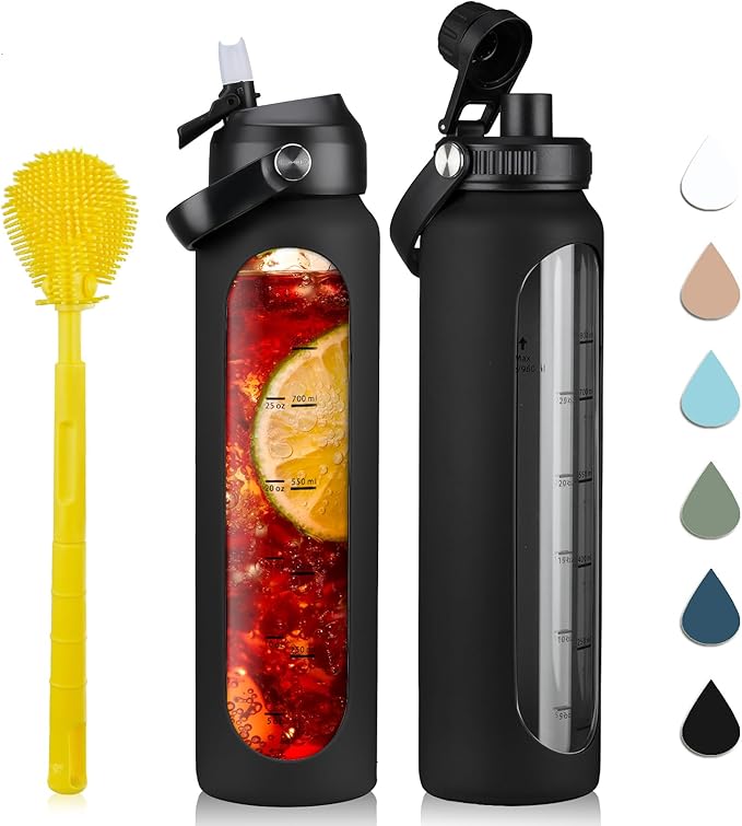 32 oz Glass Water Bottles with 2 Lids-Handle Spout Lid & Straw Lid 1 Liter Motivational Borosilicate Water Bottle with Silicone Sleeve and Time Marker,Leakproof