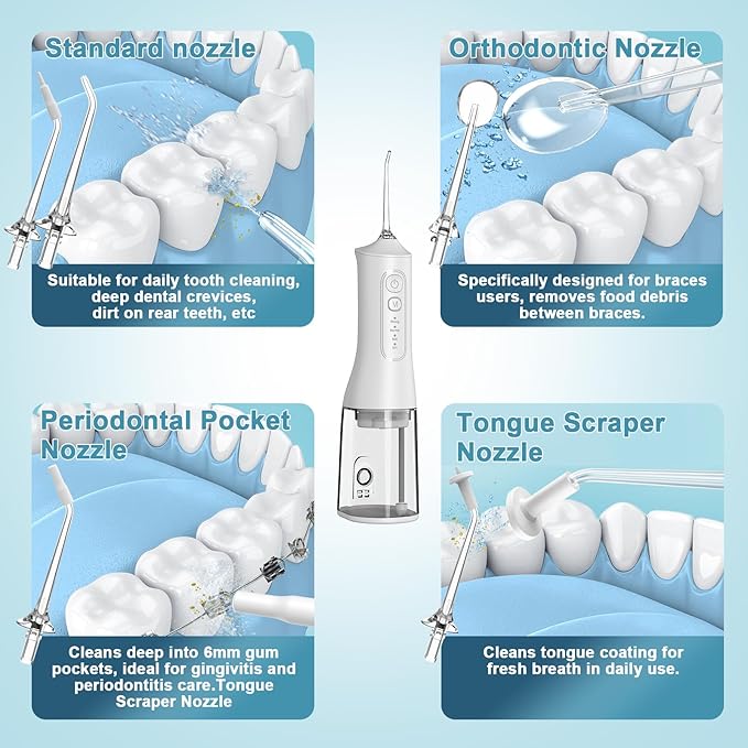 Portable Cordless Water Dental Flosser Teeth Pick 300ML Rechargeable Oral Irrigator with 4 Modes, IPX7 Waterproof,Powerful Flossing for Gum Care, Braces, and Deep Cleaning (White)