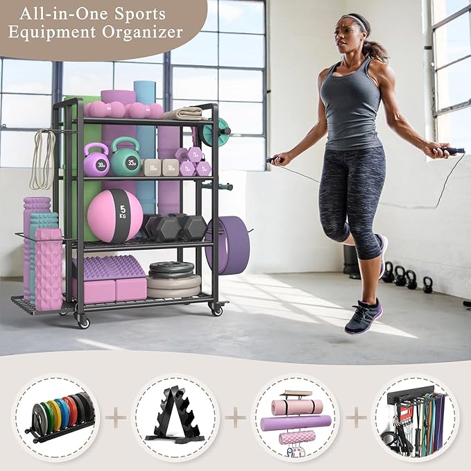 4-Tier Dumbbell Rack Stand Only, Adjustable Weight Rack for Dumbbells Kettlebells Yoga Mat, Home Gym Storage Rack with Wheels and Hooks, Powder Coated Finish