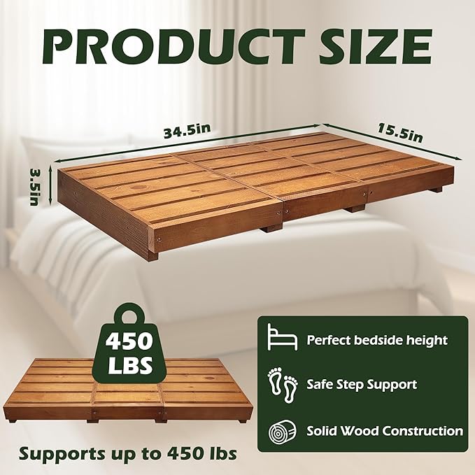 Outdoor Steps 3.5'' Height, Wooden Step Platform 35” Length, Step Stool with Non Slip Pads, Step Stools for Bed, Wooden Platform for Bathroom, Kitchen, Bed, Oak