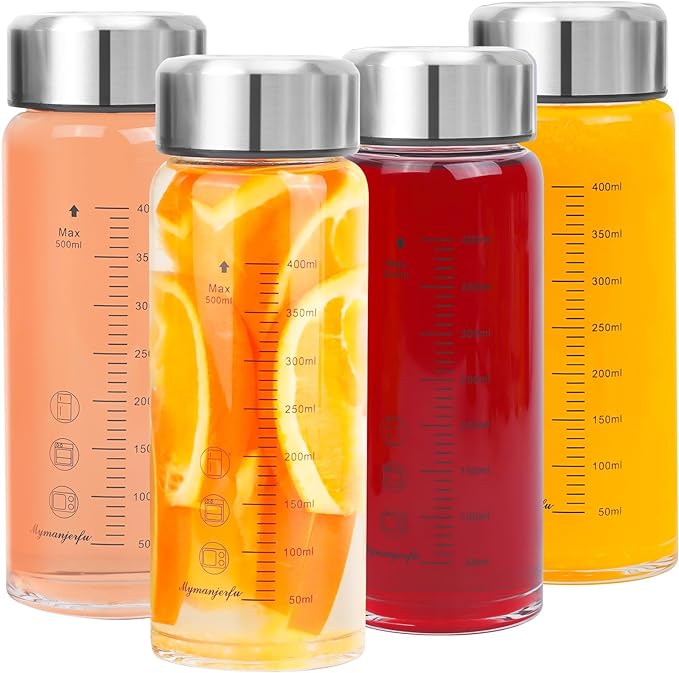 Glass Juice Bottles 4 Pack 16 oz - Wide Mouth Glass Water Bottles with Lids - for Juicing, Smoothies, Milk, Protein, BPA Free, Reusable, Stainless Steel Lids, Leak Proof, Shaker bottle (16oz/500ml)