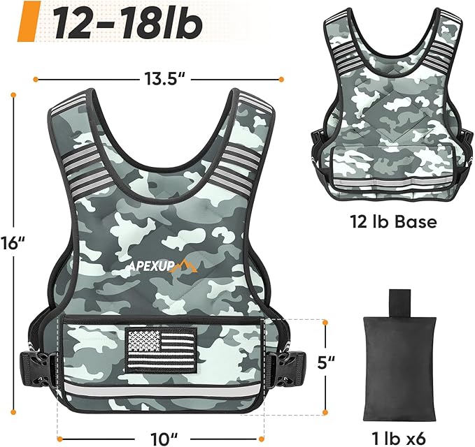 APEXUP Adjustable Weighted Vest, 4-10lb/12-18lb/20-32lb Vest with 6 Ironsand Weights and Large Pocket, Weight Vest for Men Women Strength Training, Running, Walking