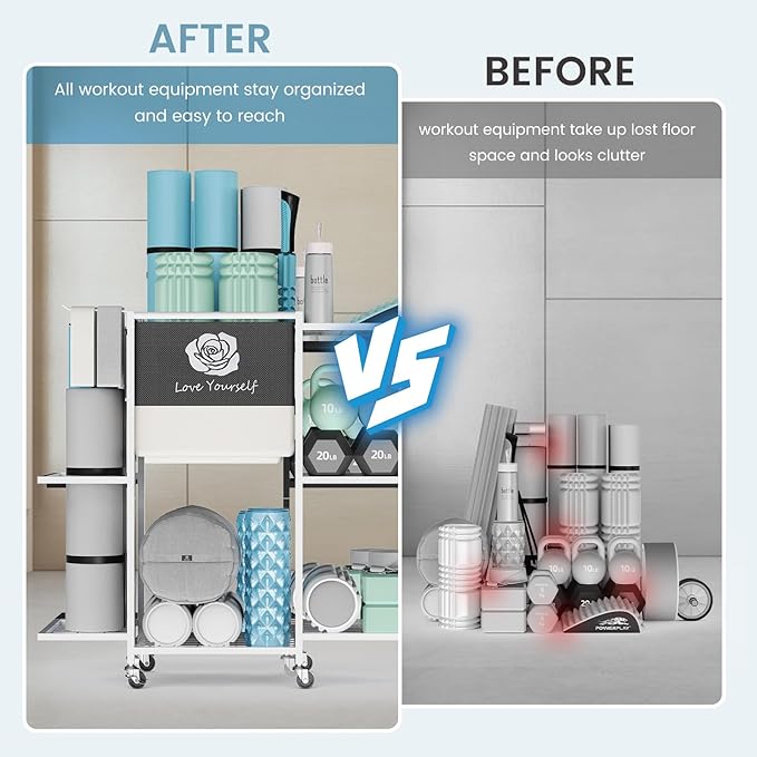 Yoga Mat Storage Rack,Home Gym Storage Rack Gym Workout Equipment Storage Organizer Fitness Weight Rack on Wheels for Yoga Mat,Yoga Block,Foam Roller,Resistance Band,Dumbbell,Kettlebell and Other Workout Accessories