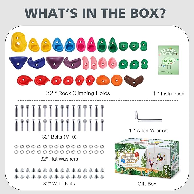 TOPNEW 32 Rock Climbing Holds Multi Size for Kids, Adult Rock Wall Holds Climbing Rock Wall Grips for Indoor and Outdoor Playground Play Set - Includes 2 Inch Mounting Hardware