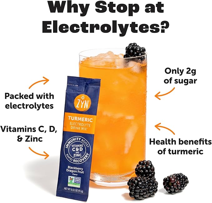 ZYN Electrolyte Drink Mix Hydration Packets, BlackBerry Dragonfruit Electrolytes Powder, Hydration Packets w/Turmeric Curcumin, Vitamin C & D, Zinc, Hydrate & Recover Electrolyte Powder, Pack of 32