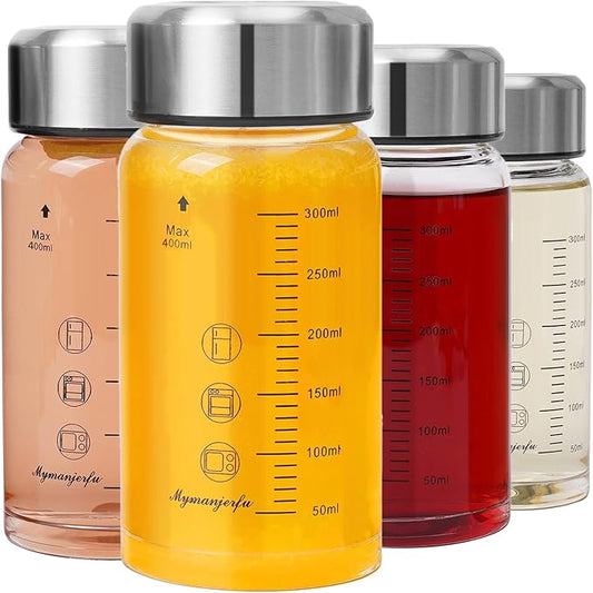 Glass Juice Bottles 4 Pack 12 oz - Wide Mouth Glass Water Bottles with Lids - for Juicing, Smoothies, Milk, Protein, BPA Free, Reusable, Stainless Steel Lids, Leak Proof, Shaker bottle (12oz/400ml)