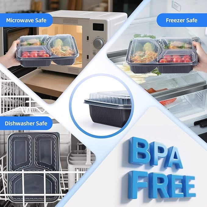 YANGRUI Food Containers Shrink Wrap 40 Pack 38 oz - Leak Proof BPA Free Reusable Flexible Pure PP Plastic Container | Microwave & Dishwasher Safe Meal Prep | Restaurant Grade 3 Compartment Lunch Boxes