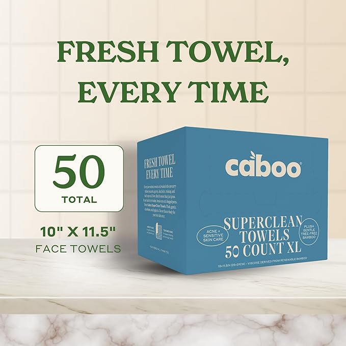 Caboo Bamboo Disposable Face Towels - 50 Count of Lint Free Single Use Face Towels - Soft, Biodegradable, & Extra Large (10 x 11.5 Inches) - Eco Friendly Alternative to Makeup Wipes & Wash Cloths