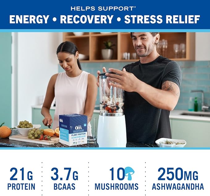 OM MUSHROOM SUPERFOOD Master Blend Mushrooms & Adaptogens, Creamy Vanilla Plant Protein, Single Serve, 10 Count, 10 Mushroom Complex, Lion's Mane, Ashwagandha, Stress Relief, GLP-1 Support