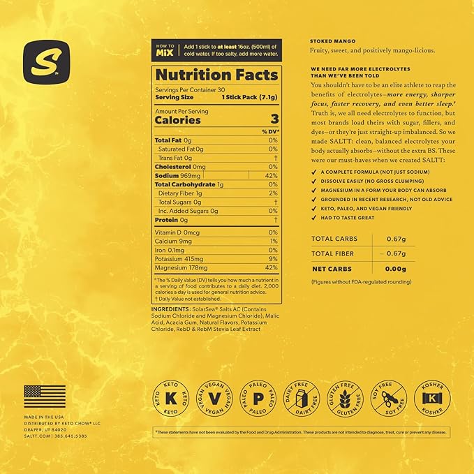 Keto Chow SALTT Electrolytes Powder Packets, Stoked Mango (30 Hydration Packets) - Magnesium, Potassium, Sodium, Trace Minerals - Vegan, Sugar & Gluten Free - Travel Essentials - Made in USA