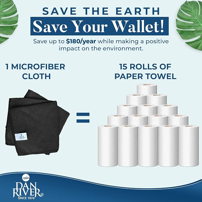 DAN RIVER 24-Pack Microfiber Towels โ Ultra Absorbent, Lint-Free & Streak-Free Kitchen Rags Cleaning for Home, & Car - Must-Have Cleaning Essentials - 12" x 12" - Gray White Black