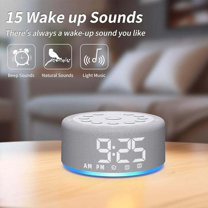 Sound Machine Night Light White Noise Brown Noise Machine Alarm Clock with Dual Alarms Backup Battery 30 Sleeping Sounds for Baby Kids Adults 32 Level Volume 5 Timers 15 Wake Up Sounds Memory Function