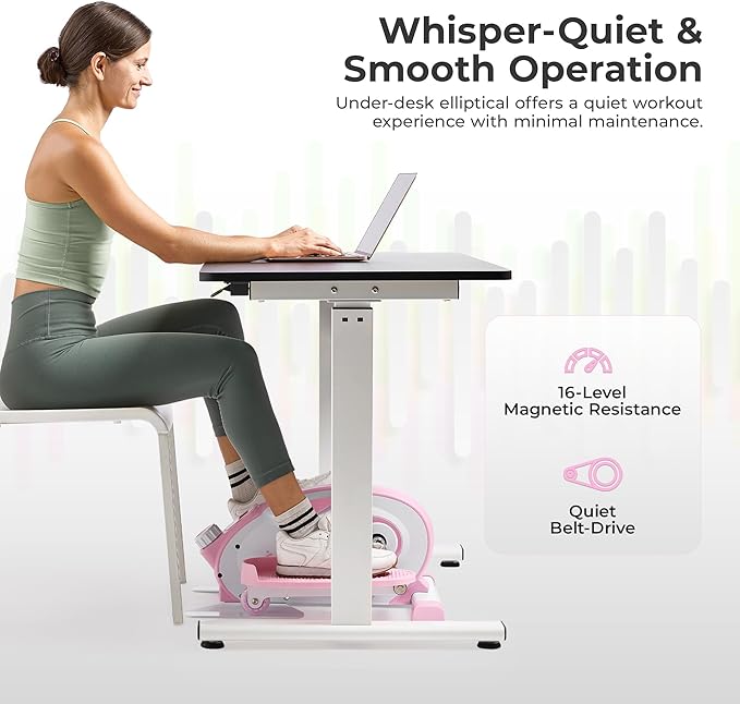 Sunny Health & Fitness Sitting Under Desk Pedal Exerciser, Portable Training Machine for Senior Exercise, Home Workout Elliptical & Bike, Optional Free SunnyFit App Connection, Motorized, or in Pink