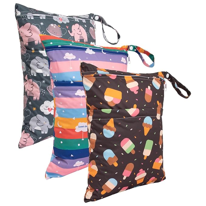 babygoal Wet Dry Bags 3 Pack for Baby Cloth Diapers, Washable Travel Bags, Beach, Pool, Gym Bag for Swimsuits & Wet Clothes with Two Zippered Pockets 3LN27