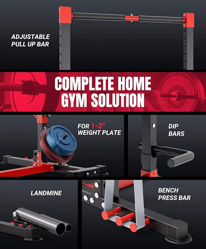 YOLEO Squat Rack with Adjustable Pull-Up Bar & Extended Safety Arms, Multi-Functional Power Racks Squat Stand for Home Gym, Garage & Basement, 35"-67" Width, Fixed 83” Frame Height, Pull-Up Bar Height 71.5"-80.5", Fits 6FT & 7FT Barbells