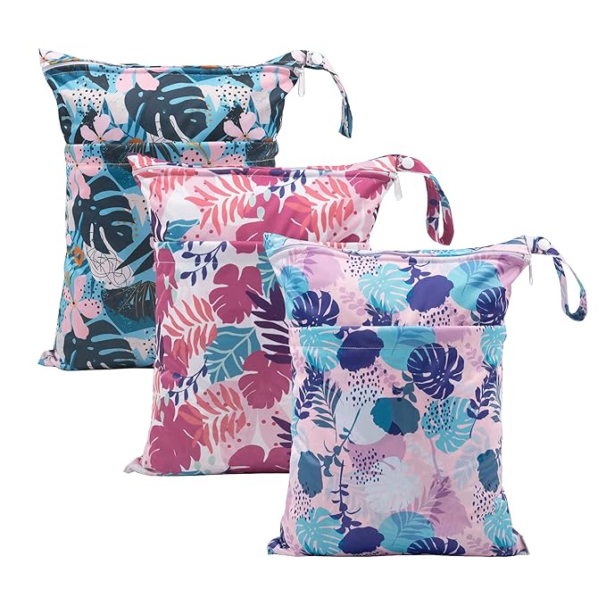 babygoal Wet Dry Bags for Baby Cloth Diapers, Washable Travel Bags, Beach, Pool, Gym Bag for Swimsuits & Wet Clothes with Two Zippered Pockets 3 Pack, 3LN19