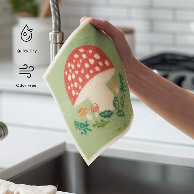 RECYCO Swedish Dishcloths for Kitchen | 6 Packs Forest Mushroom Washable Dish Rags | Cellulose Reusable Cleaning Paper Towels | Absorbent Counter Dish Cloth Sponge Kitchen Wipes, 8" L x 7" W