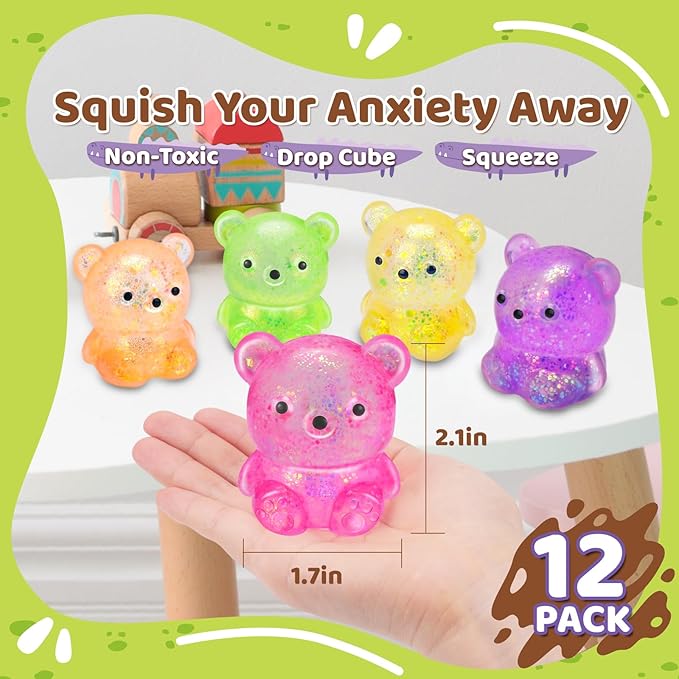 12Pack Fidget Toys Squishy ,Cute Bear Squeeze Ball , Stress Balls for Stress Relief,Pull Stretch Classroom Prize Party Favors Toys for Kids