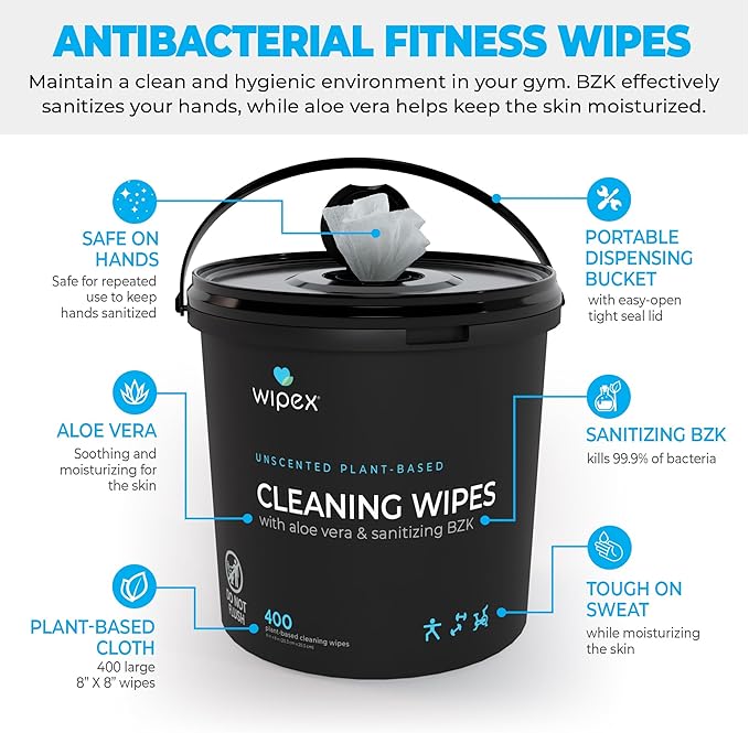 Wipex Gym Cleaning Wipes Bundle - Get 3 Buckets (1) Lavender, (1) Lemongrass Plant-Based Fitness Equipment Wipes and (1) Sanitizing BZK Bucket for Hands, Use at home or Gym, 400 Count (Pack of 3)