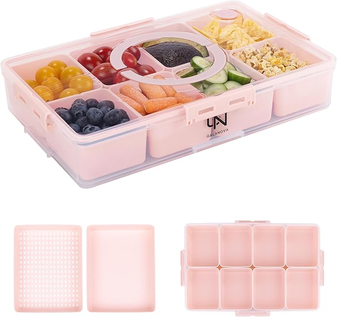 Snackle Box Container - 10 Compartments Including 2 XL, Dishwasher & Microwave Safe, Divided Serving Tray with Lid and Handle, BPA-Free, snack box (1 PCS, Pink, 1 Box with 2 XL Compartments)