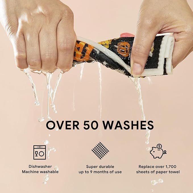 RECYCO Swedish Dishcloths for Kitchen | 4 Pack Halloween Wicked Whimsy Washable Dish Rags | Cellulose Reusable Cleaning Paper Towels | Absorbent Counter Dish Cloth Sponge Kitchen Wipes, 8" L x 7" W