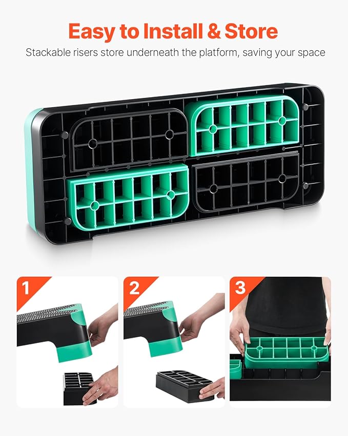 VEVOR Aerobic Exercise Step Platform, 28-Inch Workout Aerobic Stepper, Height Adjustable Fitness Training Step Deck Trainer with 4 Risers, Non-Slip Surface Bench for Home Gym Cardio Strength