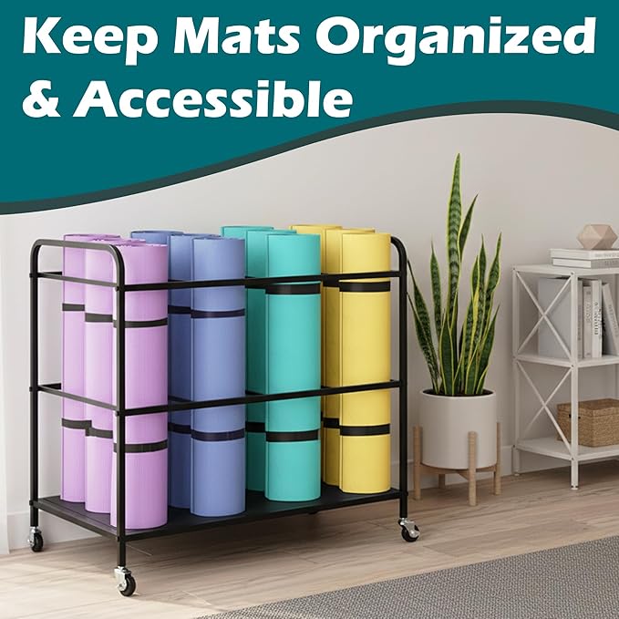 Yoga Mat Storage Basket,Yoga Mat Rack with Lockable Wheels,Holds up to 90lbs Gym Equipment Organizer Holder for Dumbbells, Kettlebells and Foam Rollers (Black)