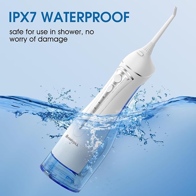 Water Dental Flosser Teeth Pick: Portable Cordless Oral Irrigator 300ML Rechargeable Travel Irrigation Cleaner Beautypick IPX7 Waterproof Electric Flossing Machine for Teeth Cleaning White