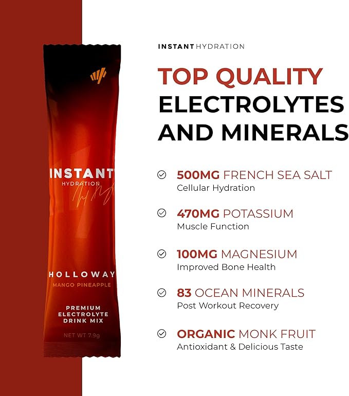 Instant Hydration Electrolytes Powder Packets - Mango Pineapple Drink Mix - Zero Sugar - Keto, Vegan, Gluten-Free, Non-GMO - Boost Recovery, Brain Health, Muscle & Tissue Support- 30 Sticks