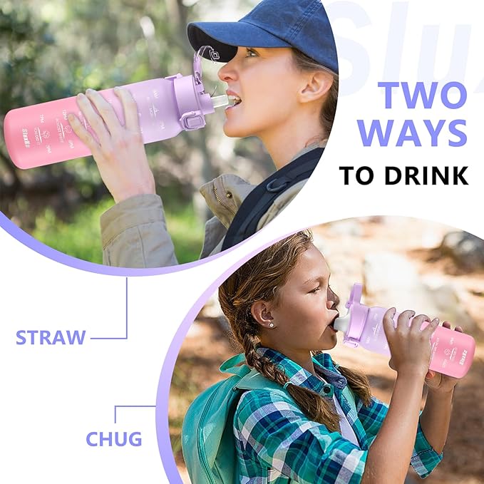 316 Stainless Steel Insulated Water Bottle 32oz with Handle, 1L Double Wall Insulated Bottle with Time Marker BPA Free, 1000ml Metal Water Flask for Outdoor Working School PURPLE PINK