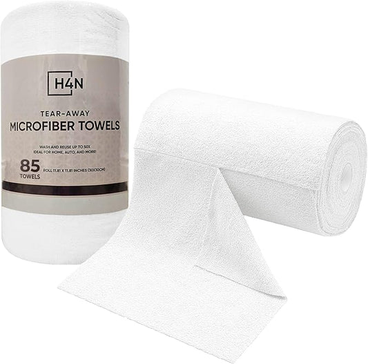 H4N Microfiber Cleaning Cloth Roll, 85 Pack Micro Fiber Cloth for Cleaning, Tear Away Towels, Ultra Absorbent, Non-Abrasive, Reusable and Washable Cleaning Supplies, 11.81" x 11.81", White