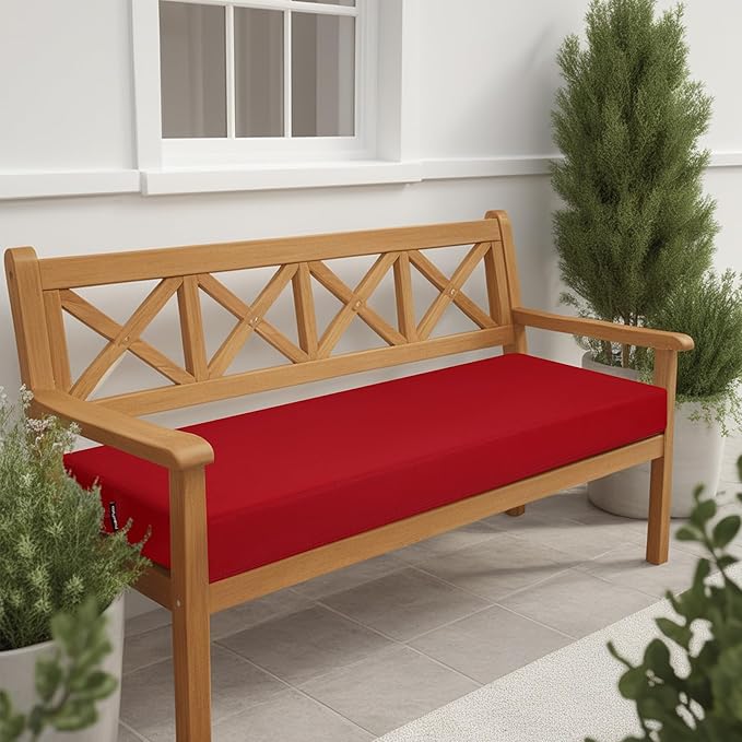 idee-home Outdoor Bench Cushion Waterproof, Bench Cushions for Outdoor Furniture, Patio Porch Swing Replacement Seat Pad with Ties for Garden Backyard, 59 x 18 Inch Red