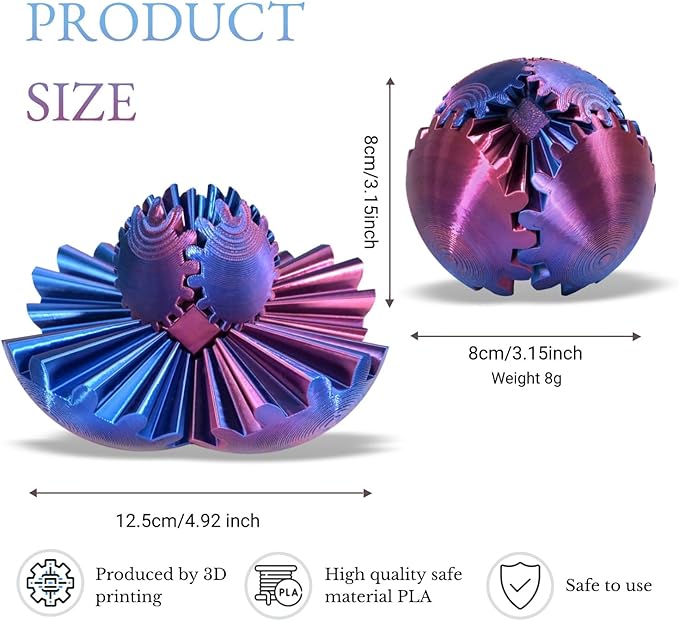 Gear Ball, 3D Printed Gear Ball, Gear Sphere Fidget Toy Stress Relief Toy for ADHD, Anxiety Relaxing Toy for Adults at Work/Study/Travel (BluePurple, StraightLine)