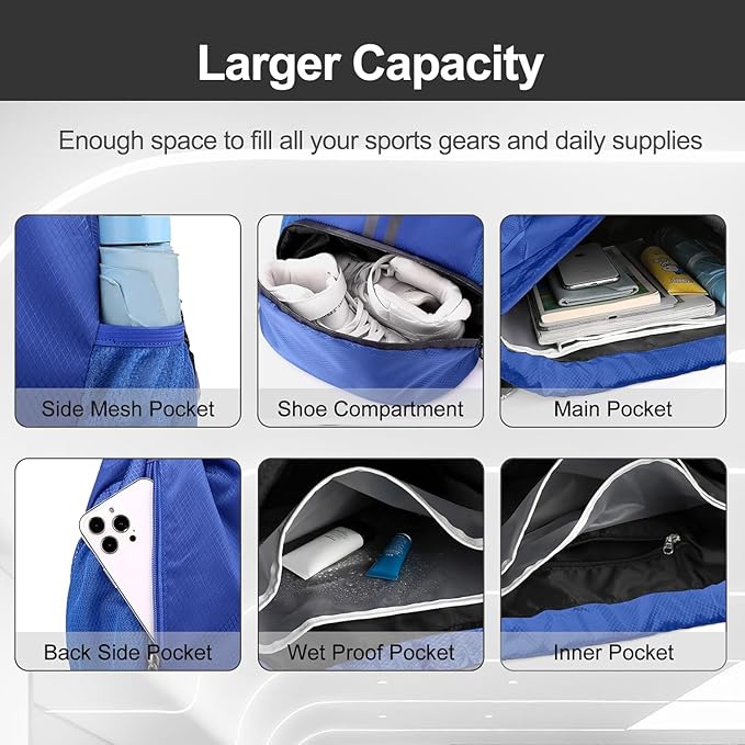 Hoedia Sports Drawstring Backpack - String Swim Gym Bag with Shoes Compartment and Wet Proof Pocket for Women and Men, Blue