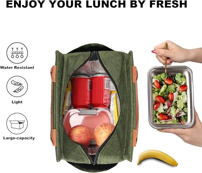 Joymee Lunch Bag Women Insulated Lunch Box Reusable Leakproof Large Spacious Cooler Tote for Womens Mens Adults with Bottle Holder and Side Pockets for Work Office Travel Picnic - Green