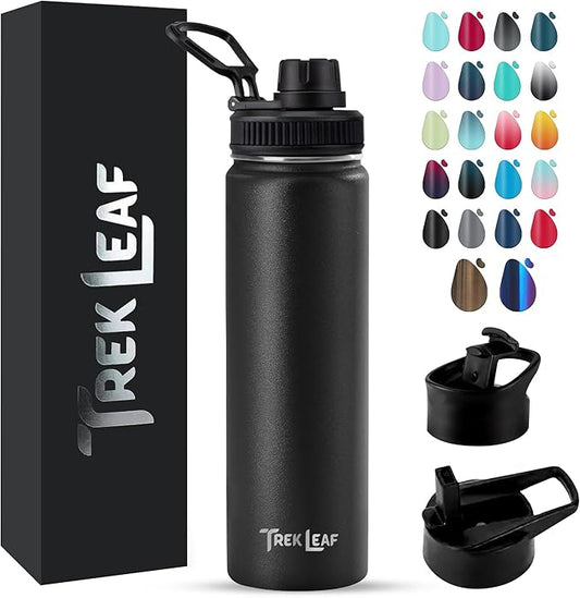 Travel Water Bottle with 3 Lids (Spout, Straw, Flip) Leak Proof, Quality, Vacuum Insulated, Stainless Steel (Black, 22 oz)