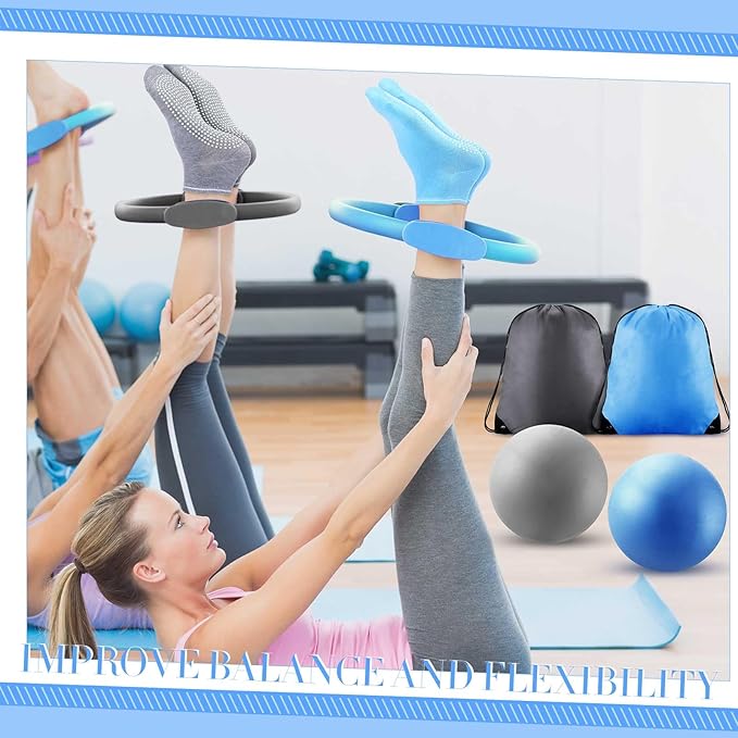 Poen Home Pilates Kit for Women Pilates Equipment Ring and Ball Set with Stretching Strap 8 Resistance Bands Non Slip Socks Gym Back Bags Exercise Equipment for Workout